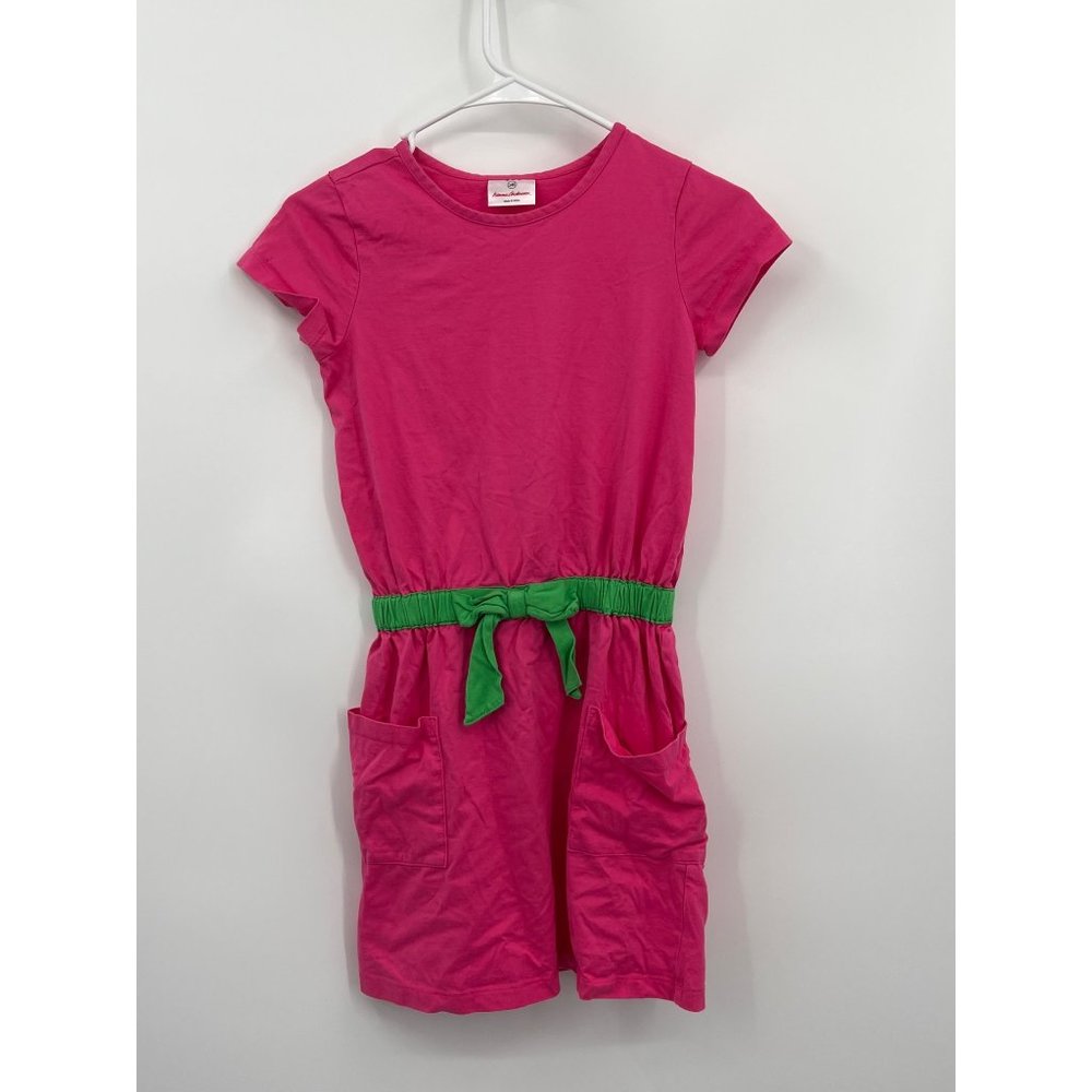 Hanna Andersson Size 140 US Size 10 Pink Green Bow Pockets Shirt Dress‎
